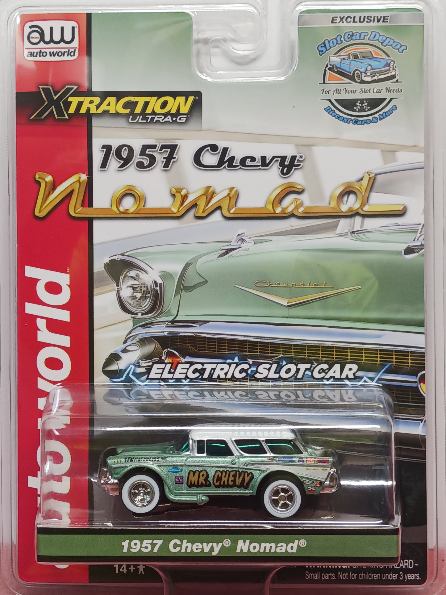 Exclusive Limited Edition Electric Slot Car, the '57 Chevy Nomad "Mr. Chevy". The X-Traction chassis is a modified version of the classic pancake design used in Auto World's ThunderJet Chassis.