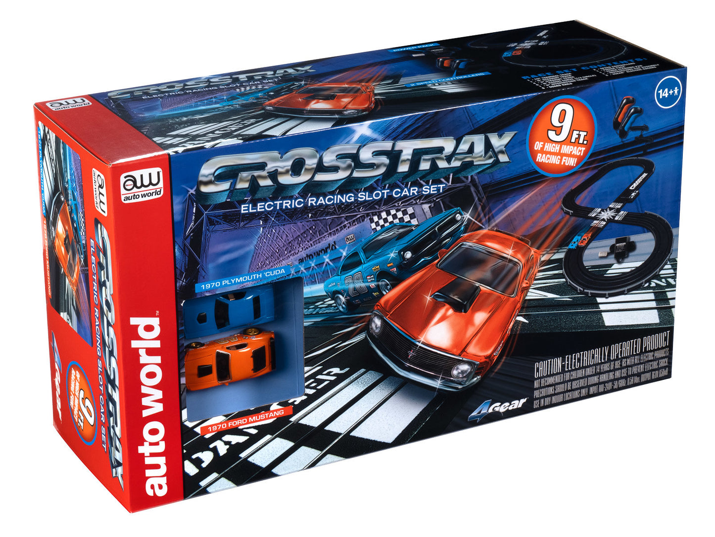 The Auto World 1:64 scale CrossTrax Road Course 9' Slot Race Set Layout with two slot cars and is engineered to go fast, offering hours of fun-filled racing excitement! Recommended for ages 14 and up.
