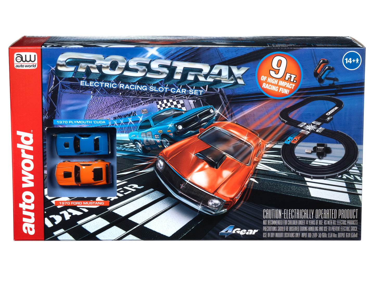 The Auto World 1:64 scale CrossTrax Road Course 9' Slot Race Set Layout with two slot cars and is engineered to go fast, offering hours of fun-filled racing excitement! Recommended for ages 14 and up.