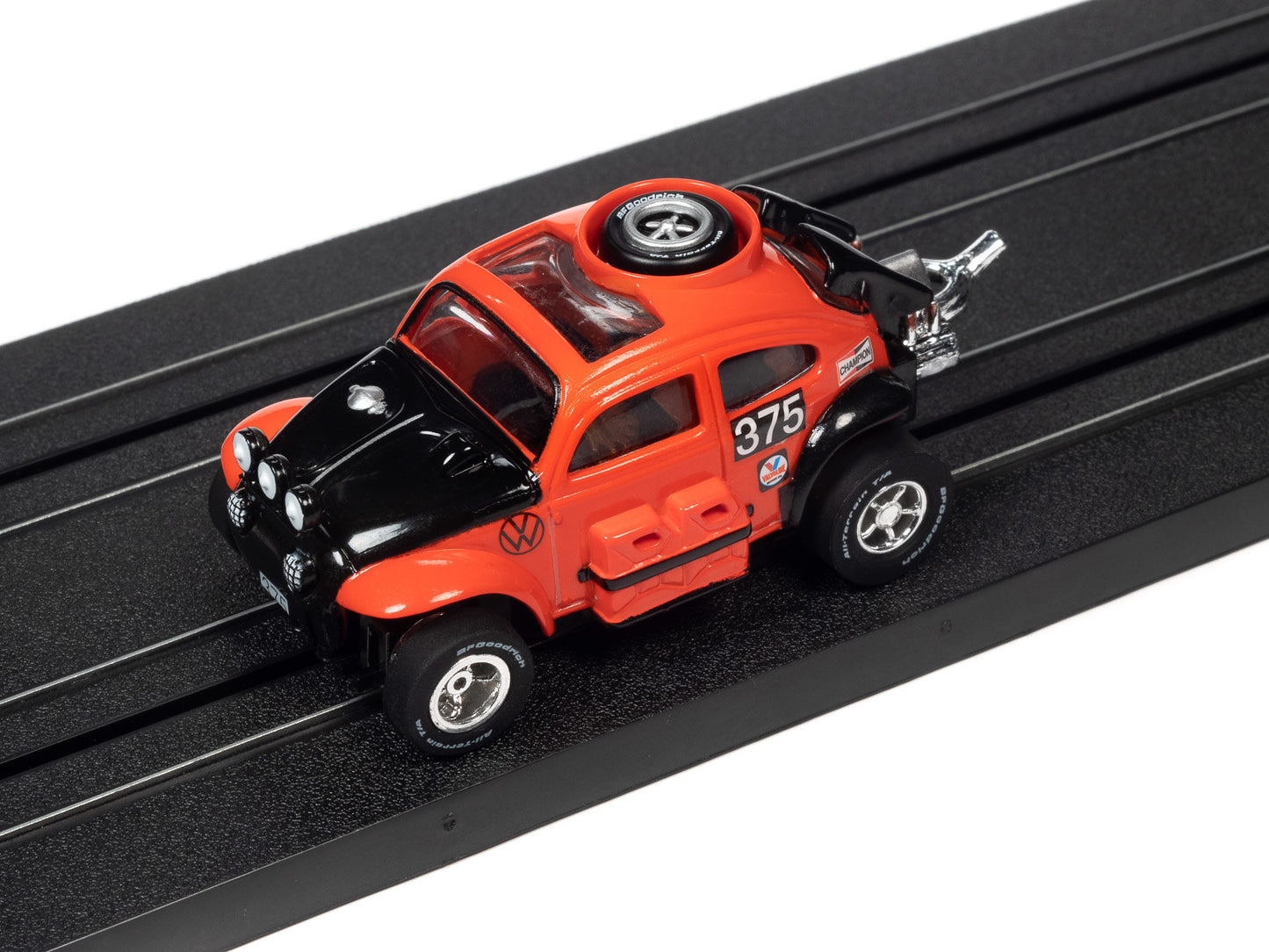 Auto World 1965 Volkswagen Baja Bug -Traction Slot Car - RALLY XTRACTION 2023 RELEASE 3, pictured on slot car track