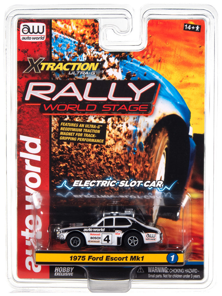 Auto World 1975 Ford Escort MK1-Traction Slot Car, RALLY XTRACTION 2023 RELEASE 3, Hobby Exclusive Slot Car, in clam shell packaging.
