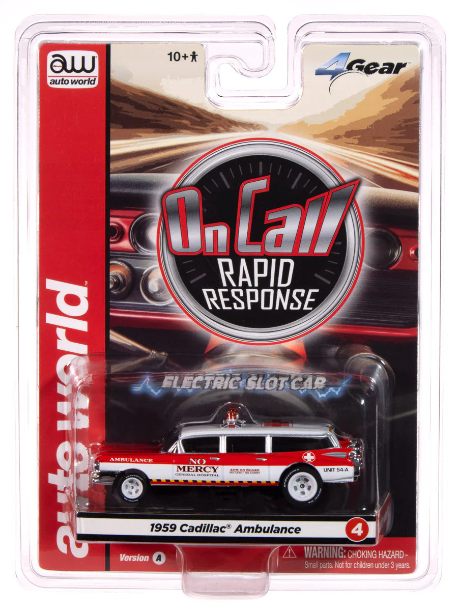 Auto World Slot Cars- On Call Release 1 - 2025
1959 Cadillac Ambulance - Version A
(Red & White)