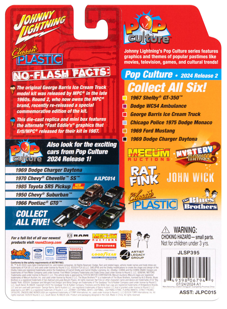 Classic Plastic George Barris Ice Cream Truck - Navy & Cream
Johnny Lightning Collectible 1/64 Scale Diecast Model Car. Back of clamshell packaging.
JLPC015 - JOHNNY LIGHTNING POP CULTURE - 2024 RELEASE