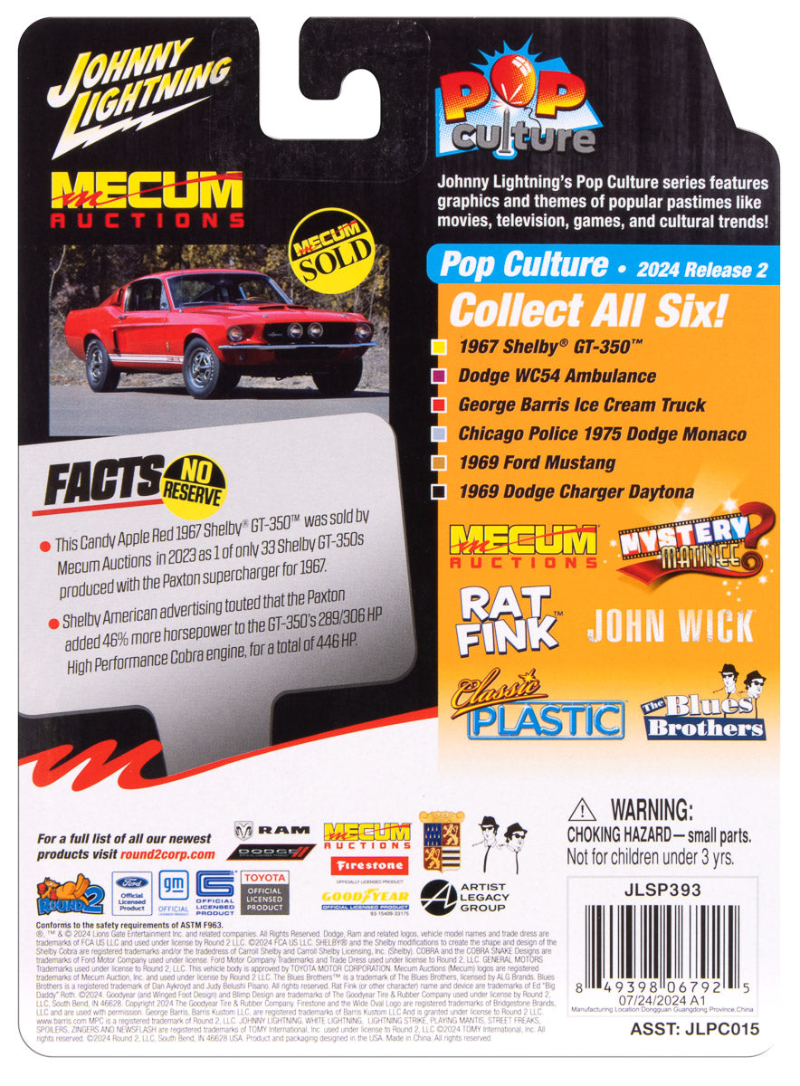 Mecum Auctions 1967 Shelby GT-350 - Candy Apple Red back of clam shell packaging.
Collectible 1/64 Diecast Model Car by Johnny Lightning