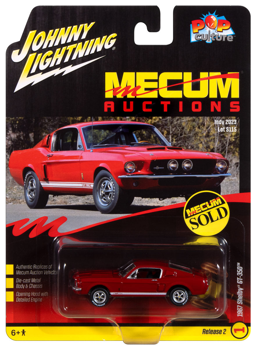 Mecum Auctions 1967 Shelby GT-350 - Candy Apple Red in clamshell packaging.
Collectible 1/64 Diecast Model Car by Johnny Lightning