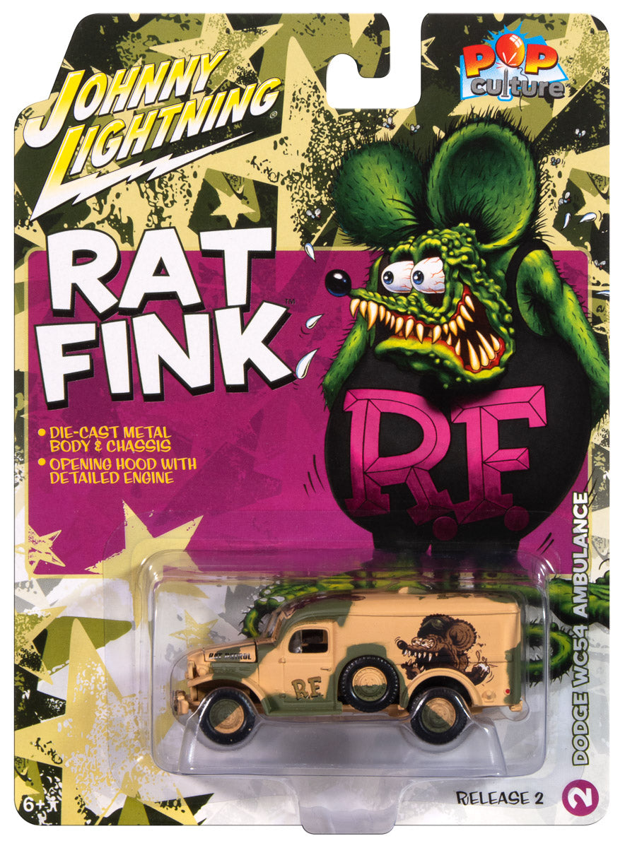 Rat Fink Dodge WC54 - Desert Camo, pictured in package.
Johnny Lightning Collectible 1/64 Scale Diecast Model Car
JLPC015 - JOHNNY LIGHTNING POP CULTURE - 2024 RELEASE