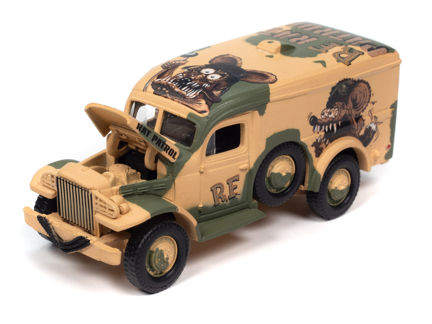 Rat Fink Dodge WC54 - Desert Camo, pictured with hood open.
Johnny Lightning Collectible 1/64 Scale Diecast Model Car
JLPC015 - JOHNNY LIGHTNING POP CULTURE - 2024 RELEASE
