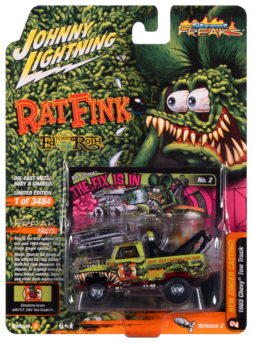 1965 Chevrolet Pickup Tow Truck (Zingers) - Bright Green w/Rat Fink Graphics pictured in packaging.
Johnny Lightning Collectible 1/64 Scale Diecast Model Car
JLSF026/A - JOHNNY LIGHTNING STREET FREAKS - 2023 RELEASE 2
