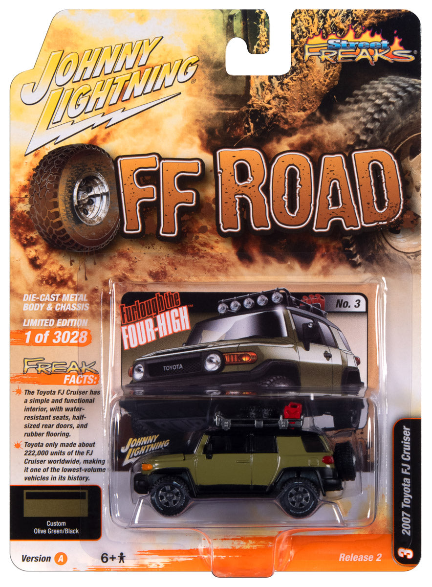 2007 Toyota FJ Cruiser (Off Road) - Light Green w/Flat Black pictured in packaging.
Johnny Lightning Collectible 1/64 Scale Diecast Model Car
JLSF026/A - JOHNNY LIGHTNING STREET FREAKS - 2023 RELEASE 2