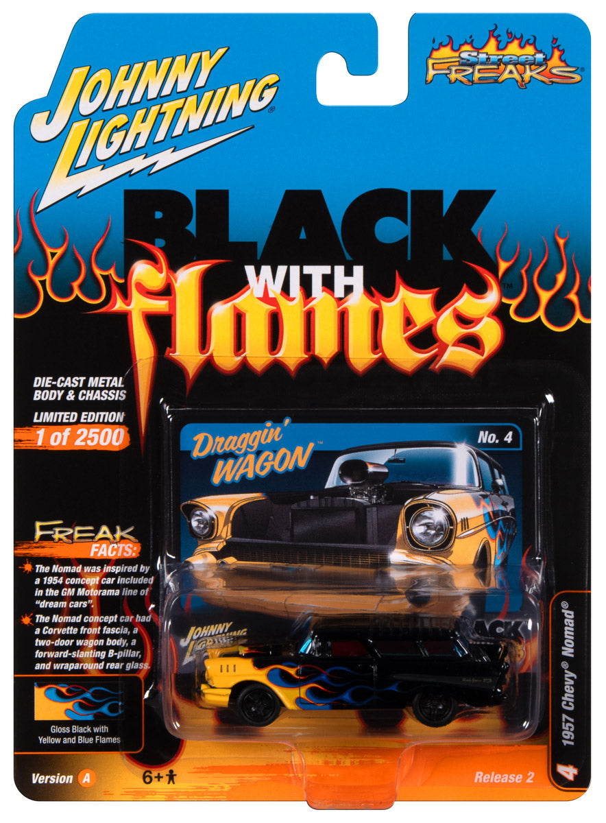 1957 Chevrolet Nomad (Black with Flames) - Gloss Black w/Yellow & Blue Flames pictured in packaging.
Johnny Lightning Collectible 1/64 Scale Diecast Model Car
JLSF026/A - JOHNNY LIGHTNING STREET FREAKS - 2023 RELEASE