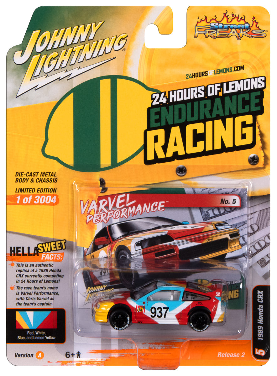 1991 Honda CRX (24hrs of Lemons) - Red, White, Yellow & Blue shown in packaging.
Johnny Lightning Collectible 1/64 Scale Diecast Model Car
JLSF026/A - JOHNNY LIGHTNING STREET FREAKS - 2023 RELEASE 2