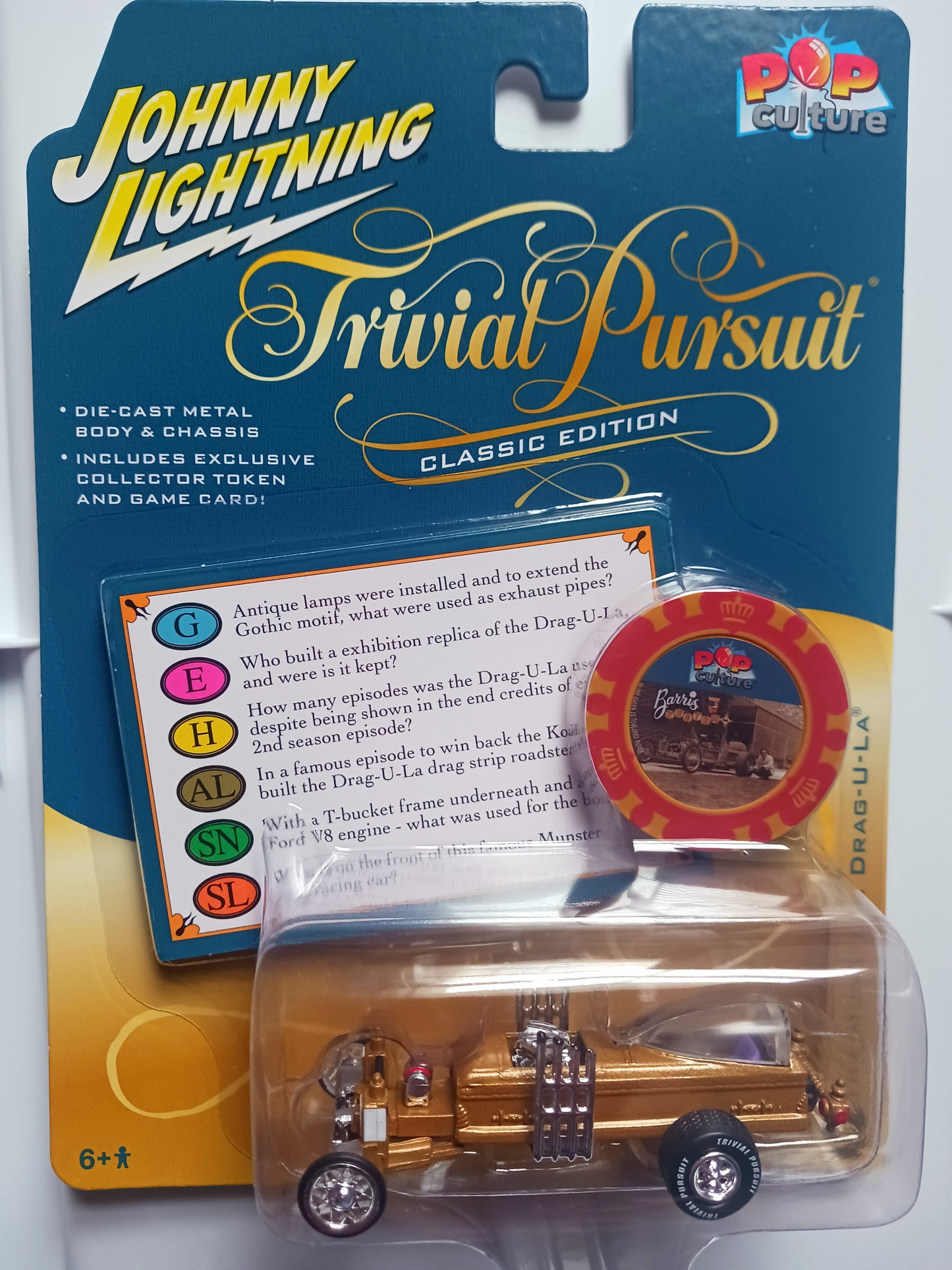 Johnny Lightning Die Cast, Barris Drag-U-La The Munsters Trivia Pursuit with Poker Chip Collector's Token in packaging.