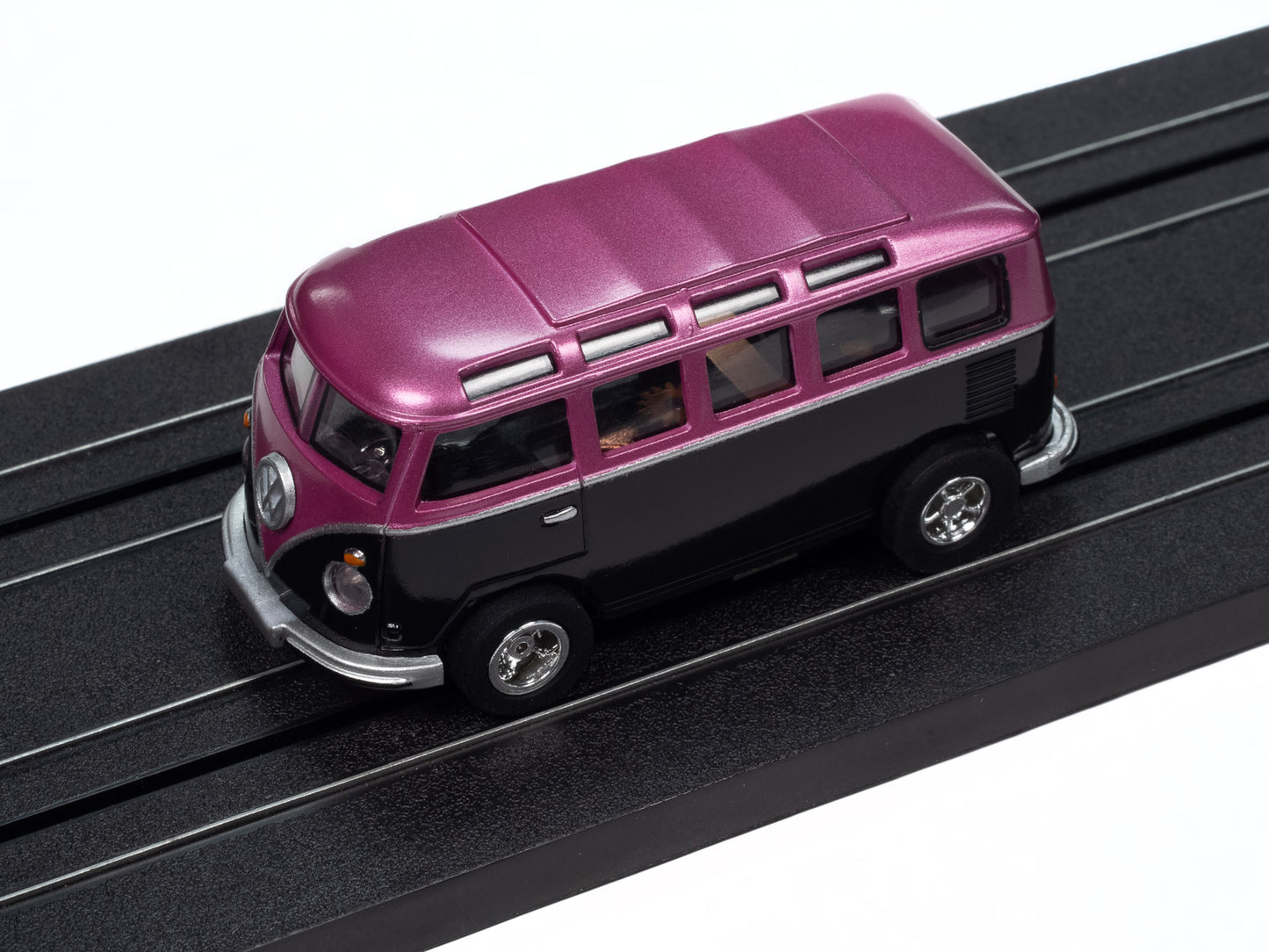 1965 VW Samba Bus – Black w/ Metallic Purple, Auto World XTraction Chassis, shown on track