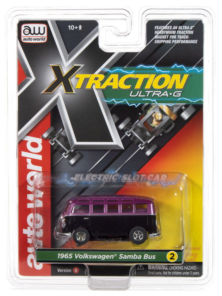 1965 VW Samba Bus – Black w/ Metallic Purple, Auto World XTraction Chassis, shown in package