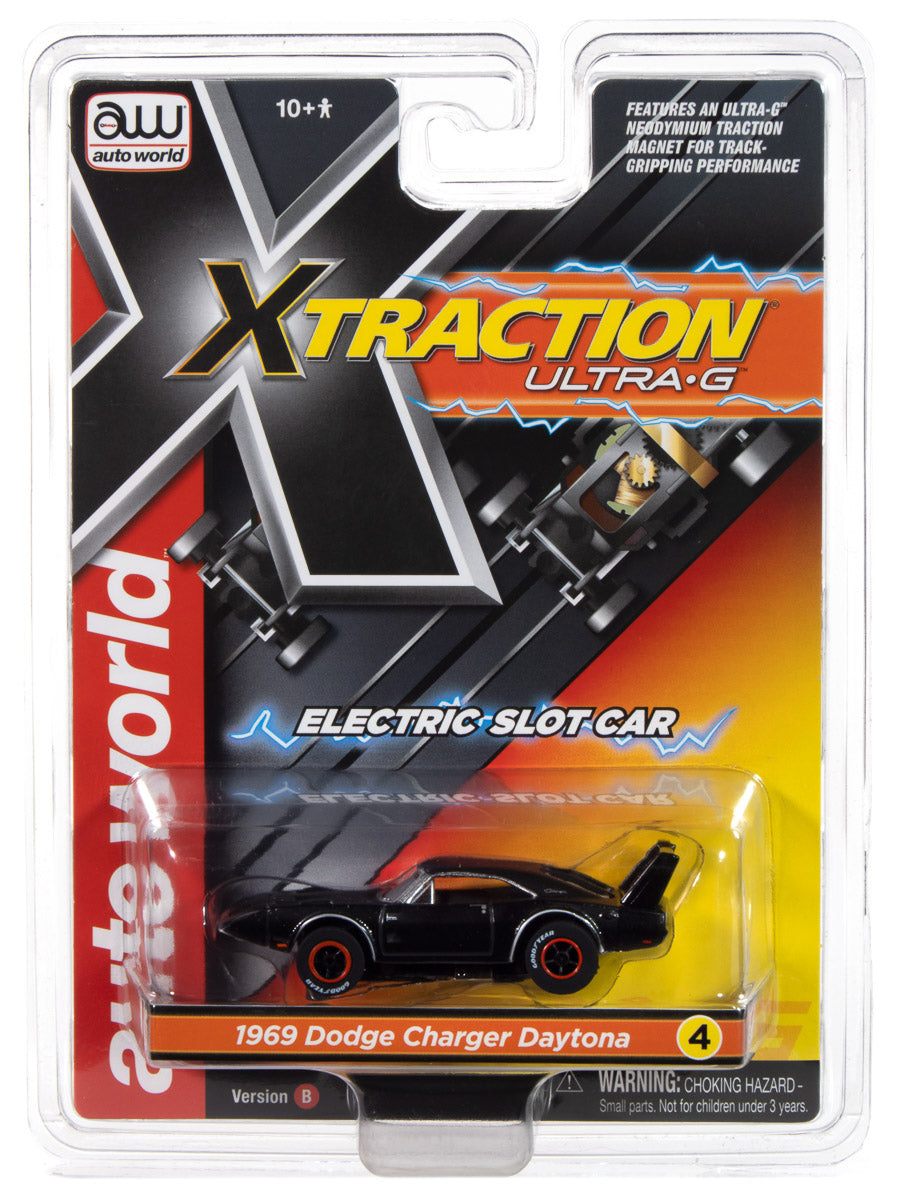1969 Dodge Daytona – Flat Black, Auto World XTraction Chassis. Shown in package.