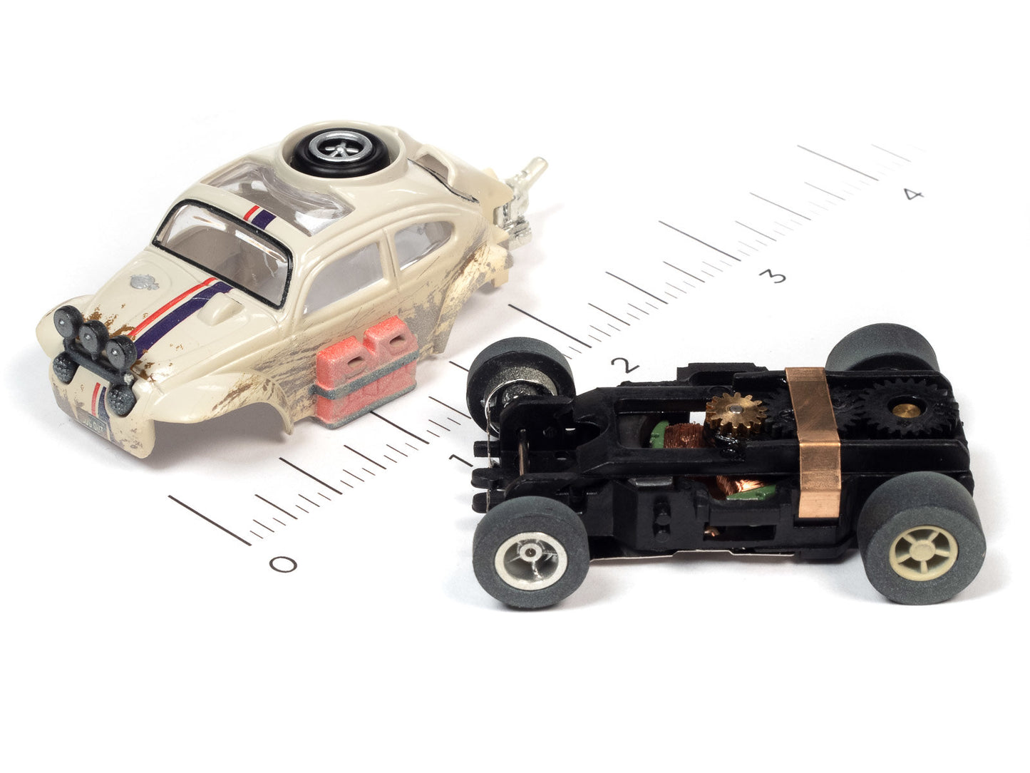 Auto World Slot Cars, Off Road Series - 1965 Volkswagen Baja Bug - Version B - Release 1 2022. Shown with dimensions.