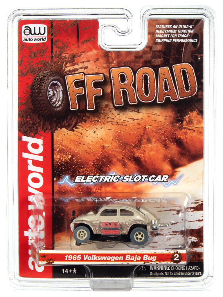 Auto World Slot Cars, Off Road Series - 1965 Volkswagen Baja Bug - Version B - Release 1 2022. Shown in clam shell packaging.