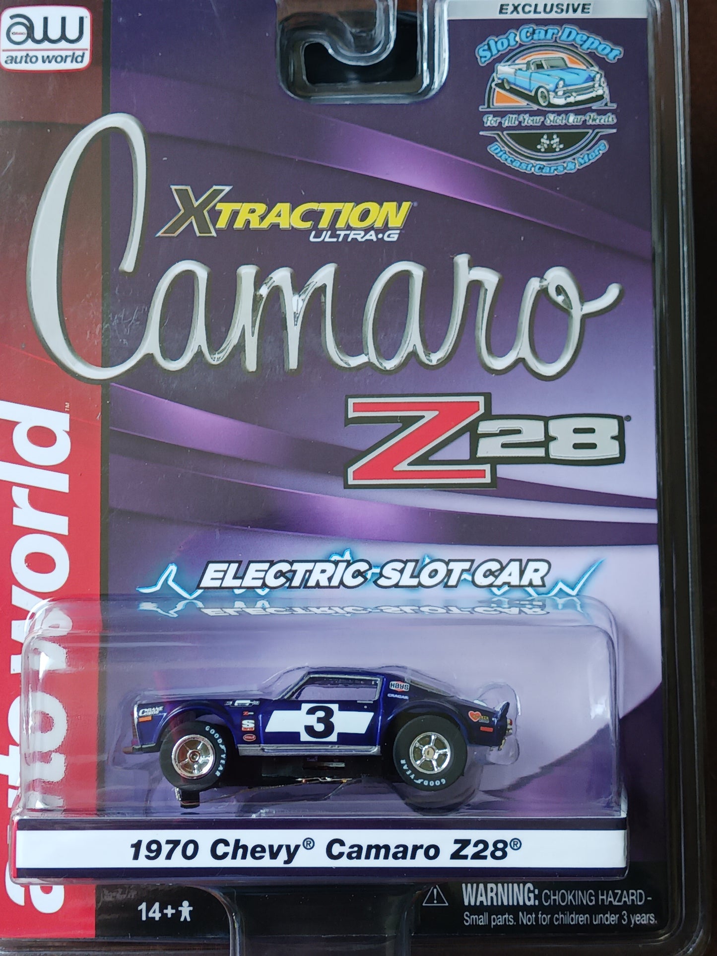 1970 Chevy Camaro Z28 limited production, Exclusive slot car. The X-Traction chassis is a modified version of the classic pancake design used in Auto World's ThunderJet Chassis. Increased weight and larger rear wheels provide better performance and superior handling.