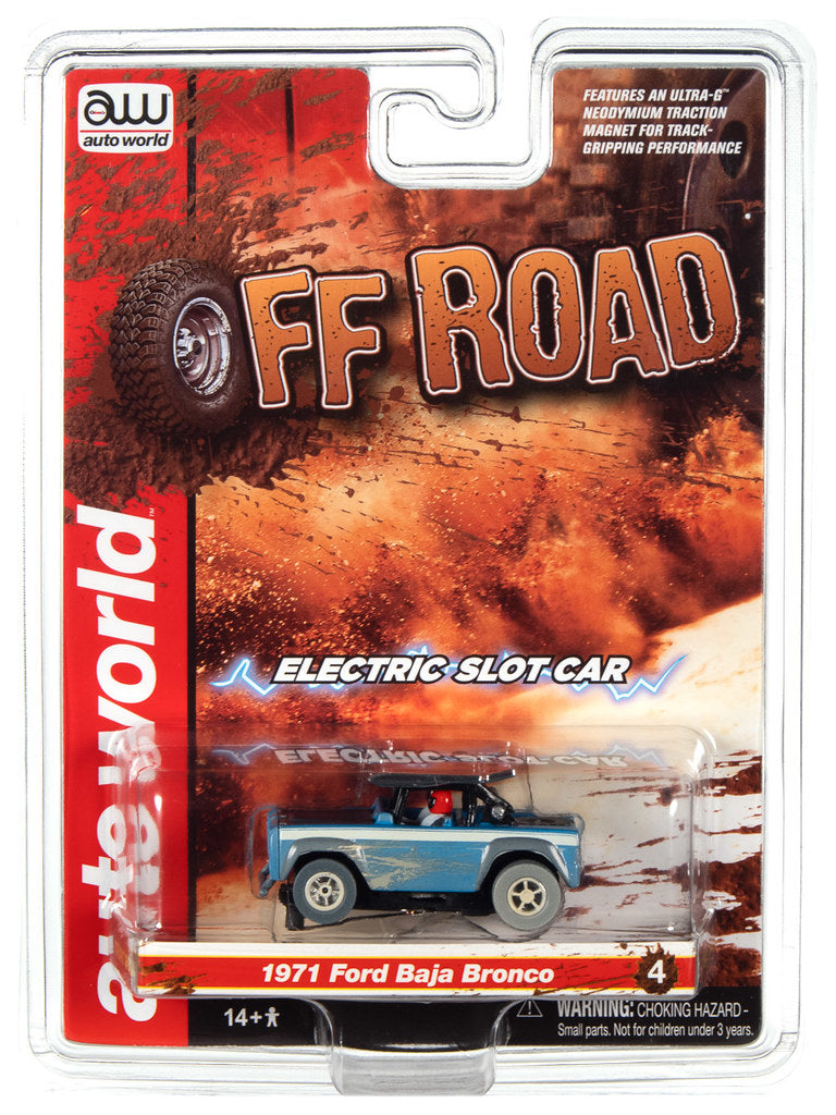 Auto World Off Road Slot Car Series - 1971 Ford Baja Bronco - Version B - Release 1 2022 - Pictured in clam shell packaging.