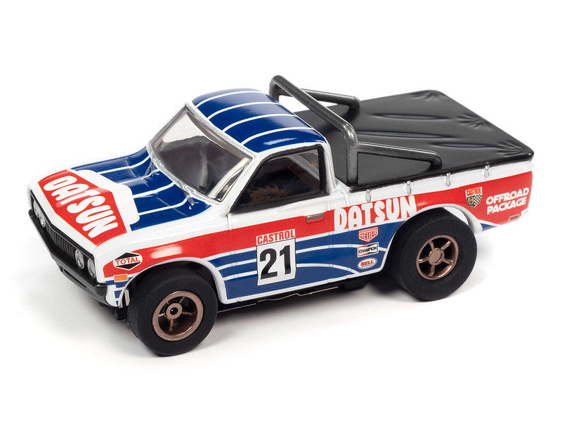 Auto World Slot Cars, 1975 Datsun 620 Pickup Truck (New Casting) (X-traction) Although not originally designed for rally racing, the 1975 Datsun 620 pickup truck was a popular choice for rally enthusiasts due to its light weight and nimble handling.