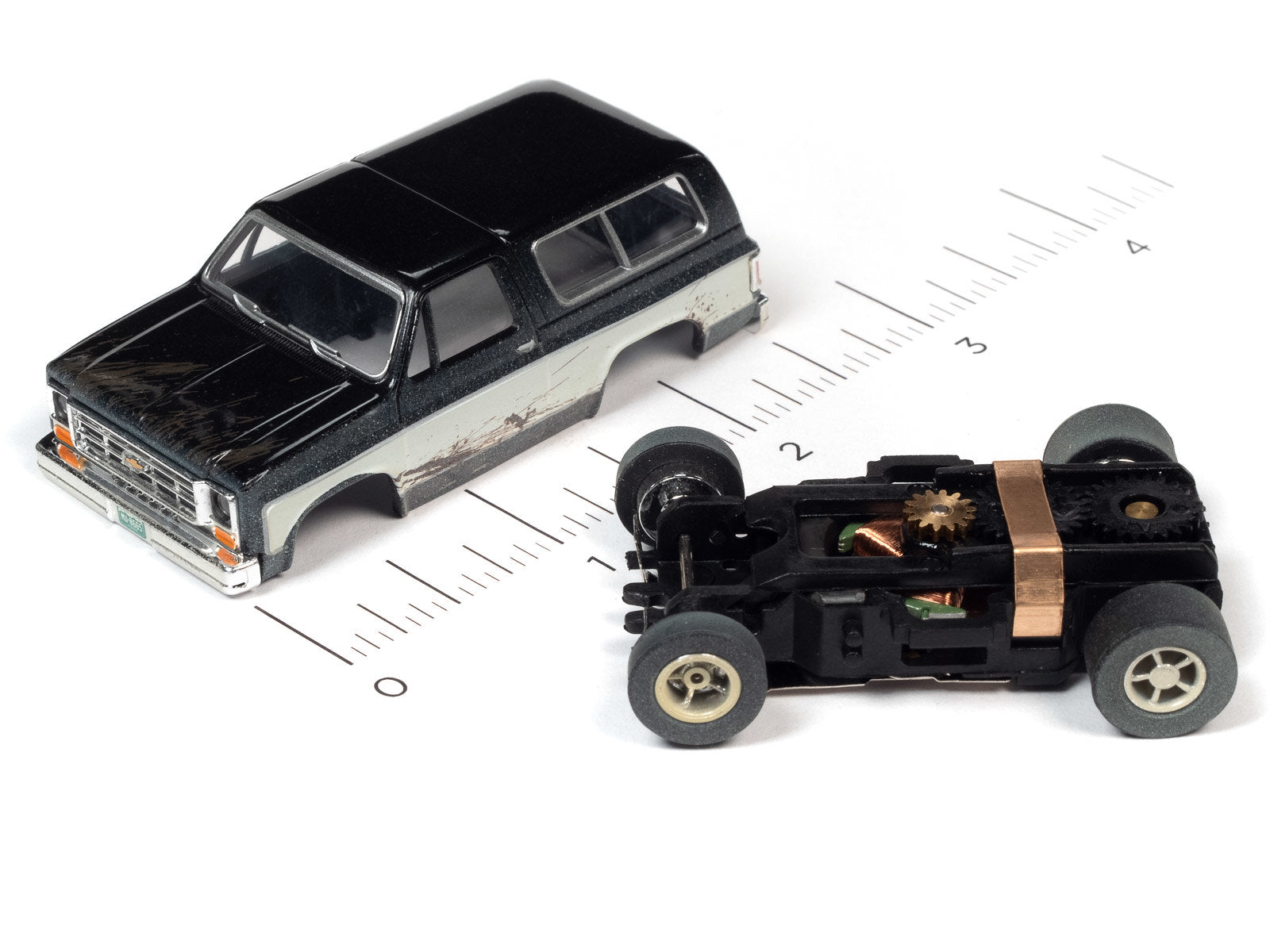 Auto World Slot Cars, Off Road Series - 1977 Chevy Blazer - Release 1 2022 - Version B. Shown with dimensions