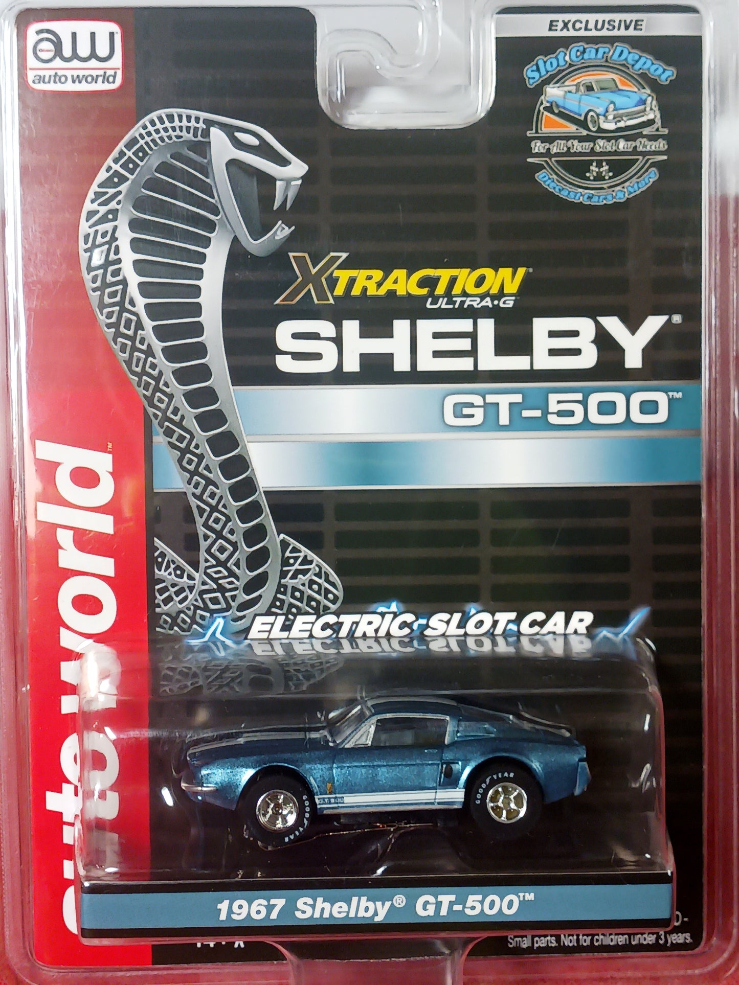 Exclusive 1967 Shelby GT-500 slot car. The X-Traction chassis is a modified version of the classic pancake design used in Auto World's ThunderJet Chassis.