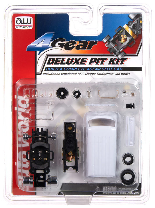 Auto World Pit Kit includes includes an unpainted 1977 Dodge Tradesman Van body ready to custom paint.
The 4-Gear Deluxe Pit Kit includes everything to Build your own custom slot car.