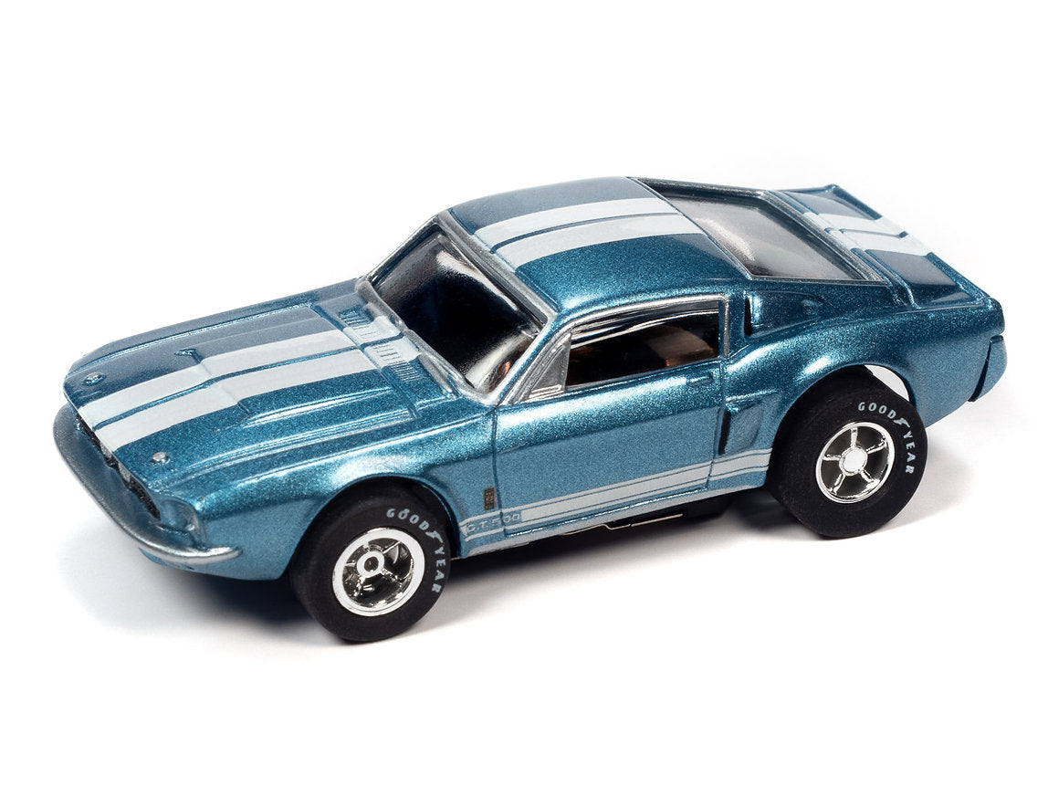 Exclusive 1967 Shelby GT-500 slot car. The X-Traction chassis is a modified version of the classic pancake design used in Auto World's ThunderJet Chassis.