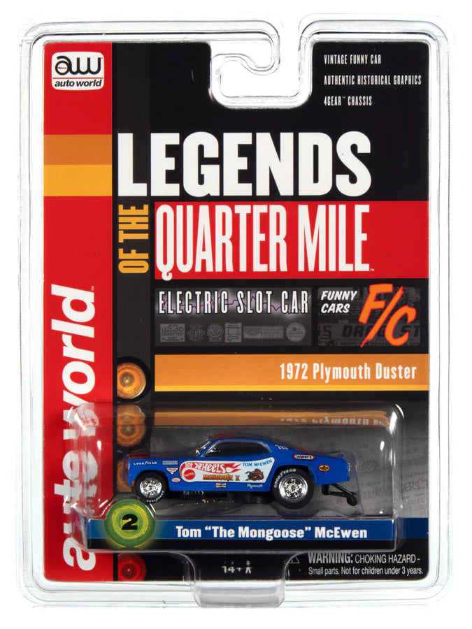 Packaged Auto World Slot Car, 1972 Plymouth Duster Funny Car, Tom The Mongoose McEwen