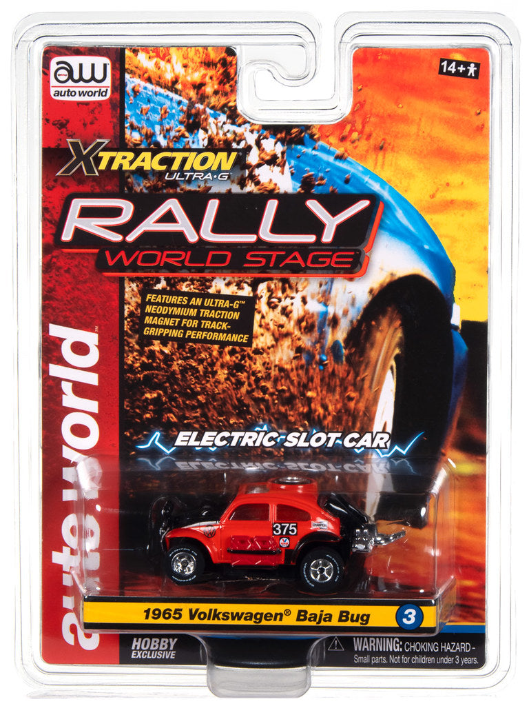 Auto World 1965 Volkswagen Baja Bug -Traction Slot Car - RALLY XTRACTION 2023 RELEASE 3, pictured in clam shell packaging.