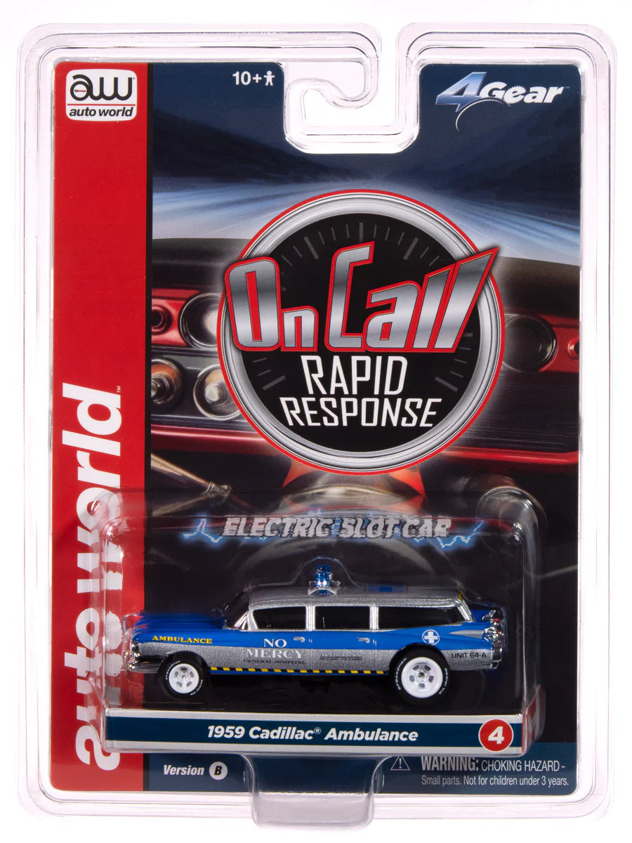 Auto World Slot Cars - On Call Release 1 - 2025
1959 Cadillac Ambulance - Version B
(Silver & Blue)