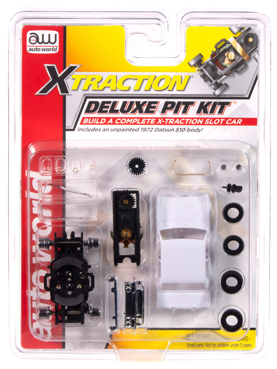 Customize your very own 1972 Datsun 510 electric slot car. This Pit Kit includes an unpainted 1972 Datsun 510 body ready to custom paint. The Xtraction Deluxe Pit Kit includes everything to Build your own Xtraction Chassis.  For ages 18 and over.