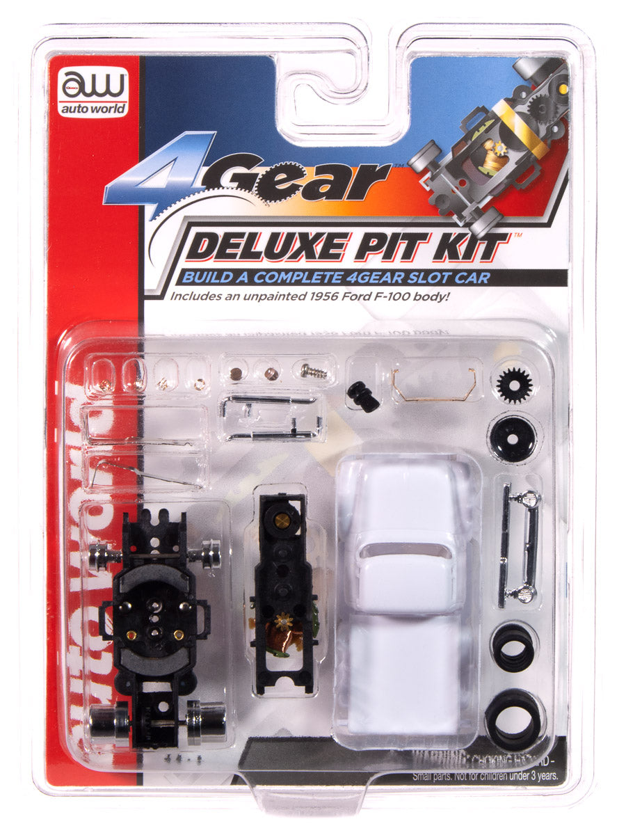 Customize your very own 56' Ford F100 Pickup Truck electric slot car. This Pit Kit includes an unpainted 56' Ford F100 Pickup Truck body ready to custom paint.
The 4-Gear Chassis Pit Kit includes everything to Build your own custom slot car.