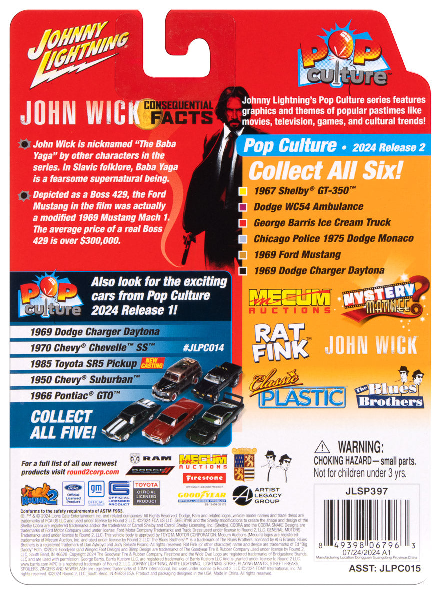 John Wick 1969 Ford Mustang Mach I - Hitman Gray
Johnny Lightning Collectible 1/64 Scale Diecast Model Car back of package pictured.

JLPC015 - JOHNNY LIGHTNING POP CULTURE - 2024 RELEASE