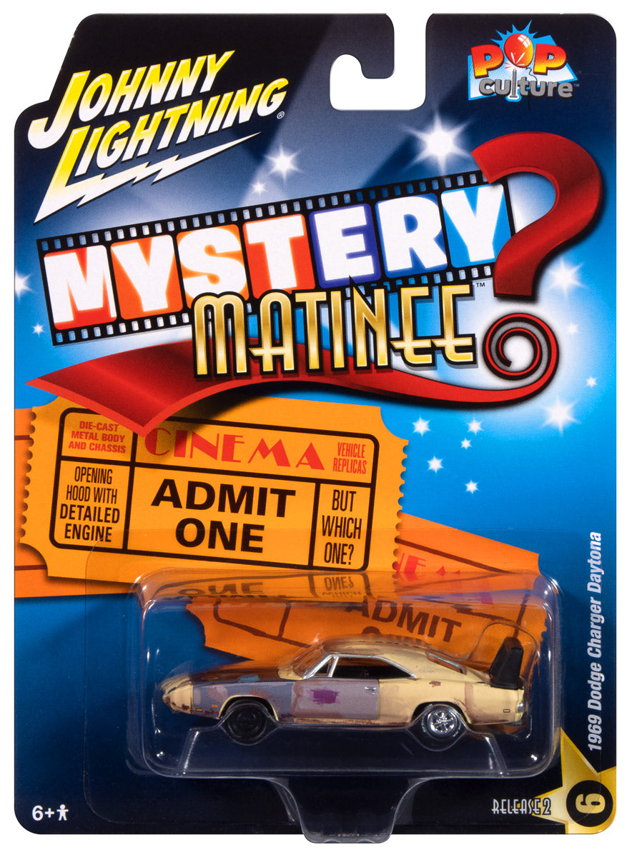 Mystery Matinee 1969 Dodge Charger Daytona - Y2 Yellow w/Dirty Effects
Johnny Lightning Collectible 1/64 Scale Diecast Model Car pictured in clamshell packaging.

JLPC015 - JOHNNY LIGHTNING POP CULTURE - 2024 RELEASE