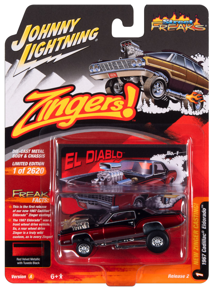 1967 Cadillac Eldorado (Zingers) - Gloss Black Upper Body w/Dark Red in package. 
Johnny Lightning Collectible 1/64 Scale Diecast Model Car

JLSF026/A - JOHNNY LIGHTNING STREET FREAKS - 2023 RELEASE 2
