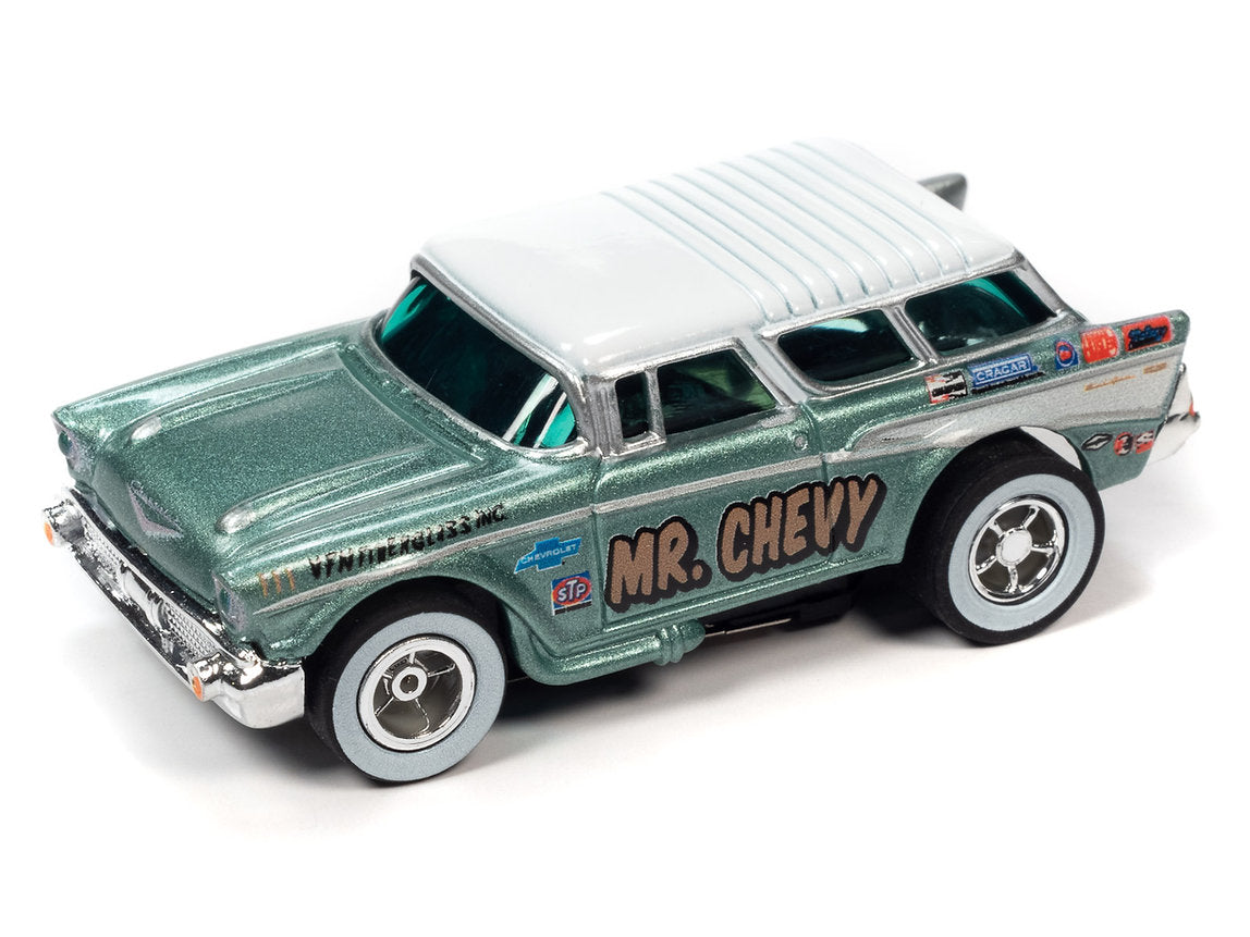 Exclusive Limited Edition Electric Slot Car, the '57 Chevy Nomad "Mr. Chevy".  The X-Traction chassis is a modified version of the classic pancake design used in Auto World's ThunderJet Chassis. 